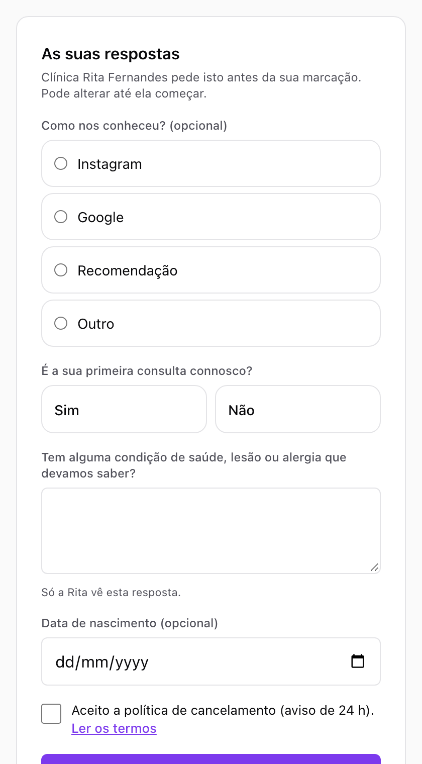 Customer booking page with the questions how did you hear about us, first visit, health condition, date of birth and cancellation policy