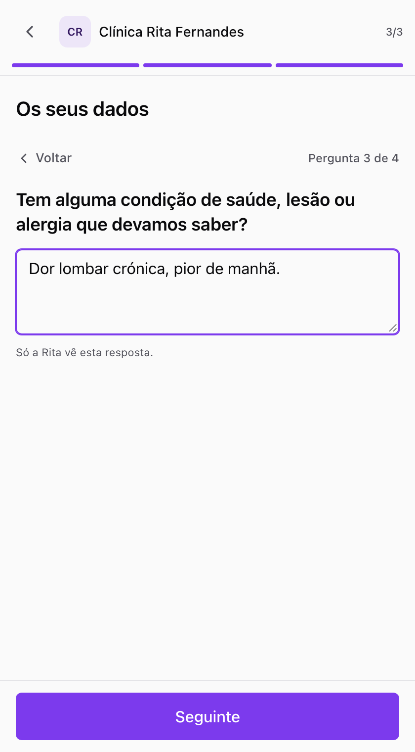 Phone screen of the booking page showing a health question and the label Question 3 of 4
