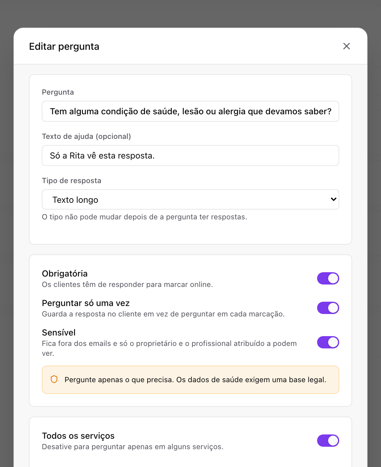 Question editor with the Required, Ask only once, Sensitive and All services switches