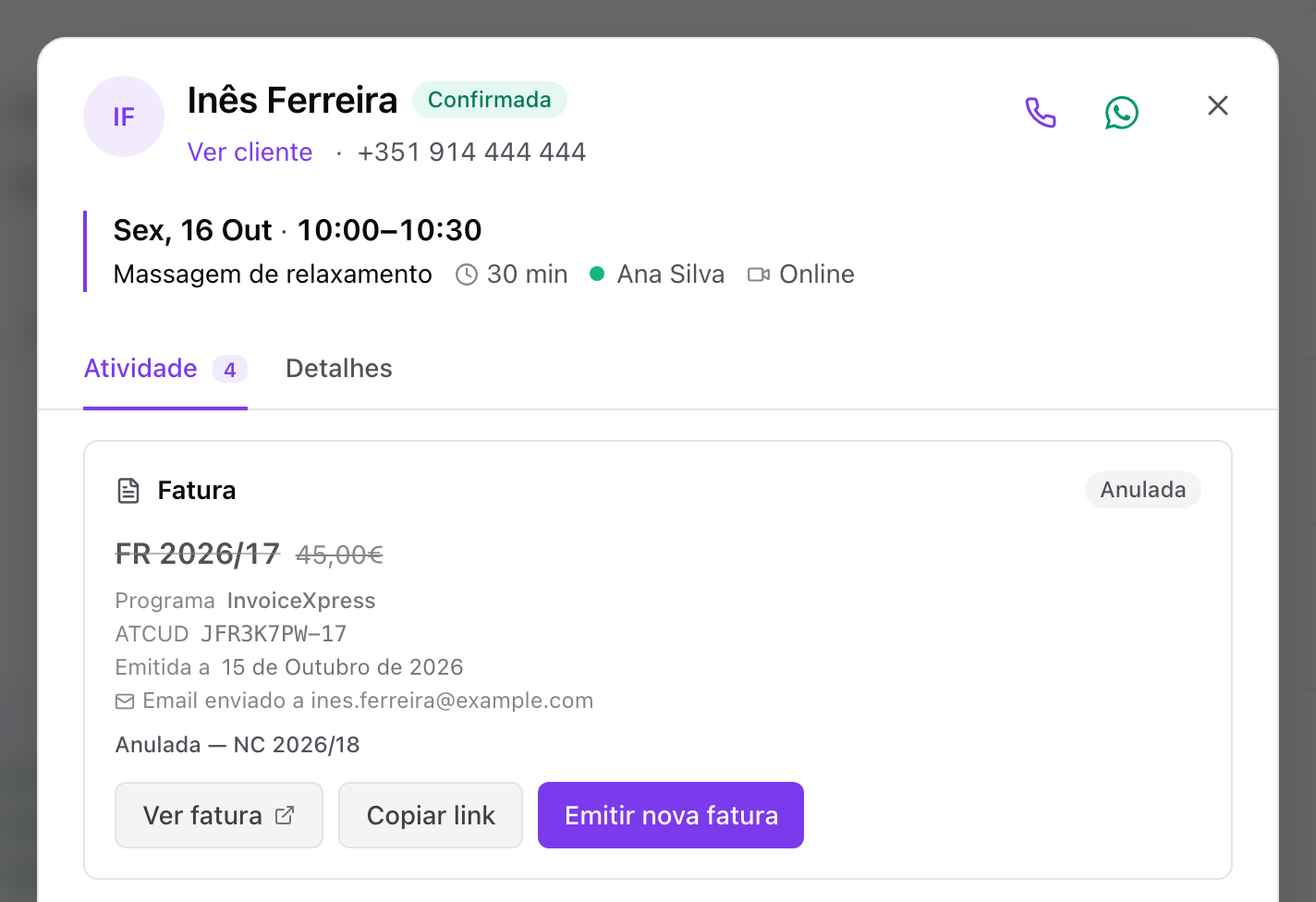 Confirmação de anulação da fatura, que emite uma nota de crédito