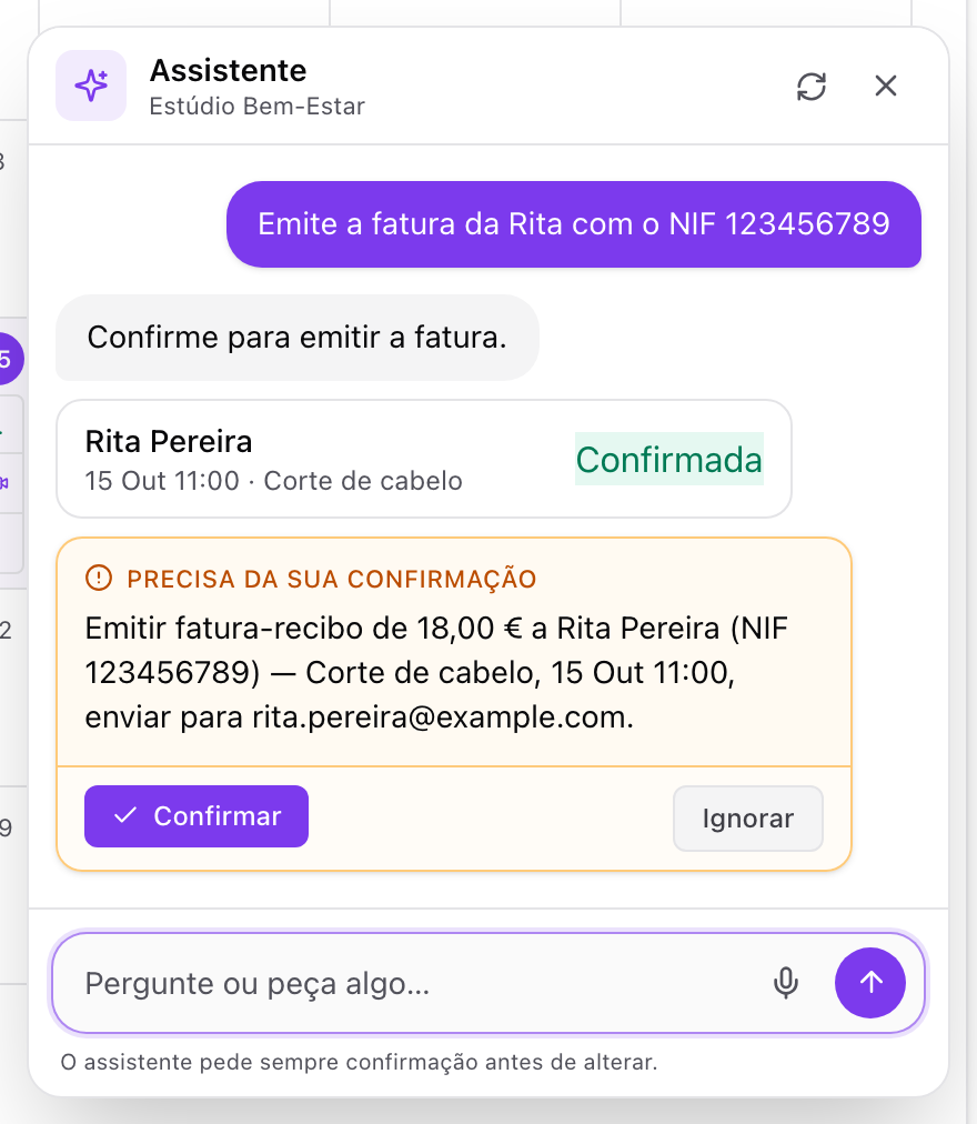 Assistente do agend.pt a preparar uma fatura-recibo para confirmação
