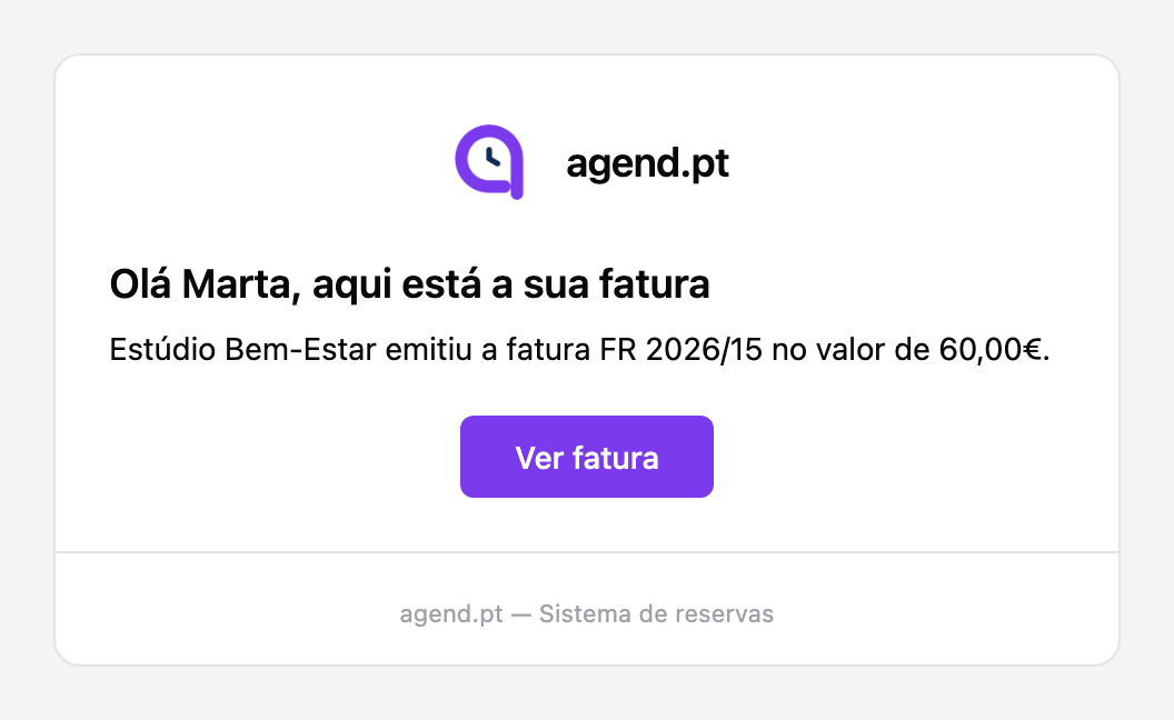 Email enviado ao cliente com o link para ver a fatura-recibo