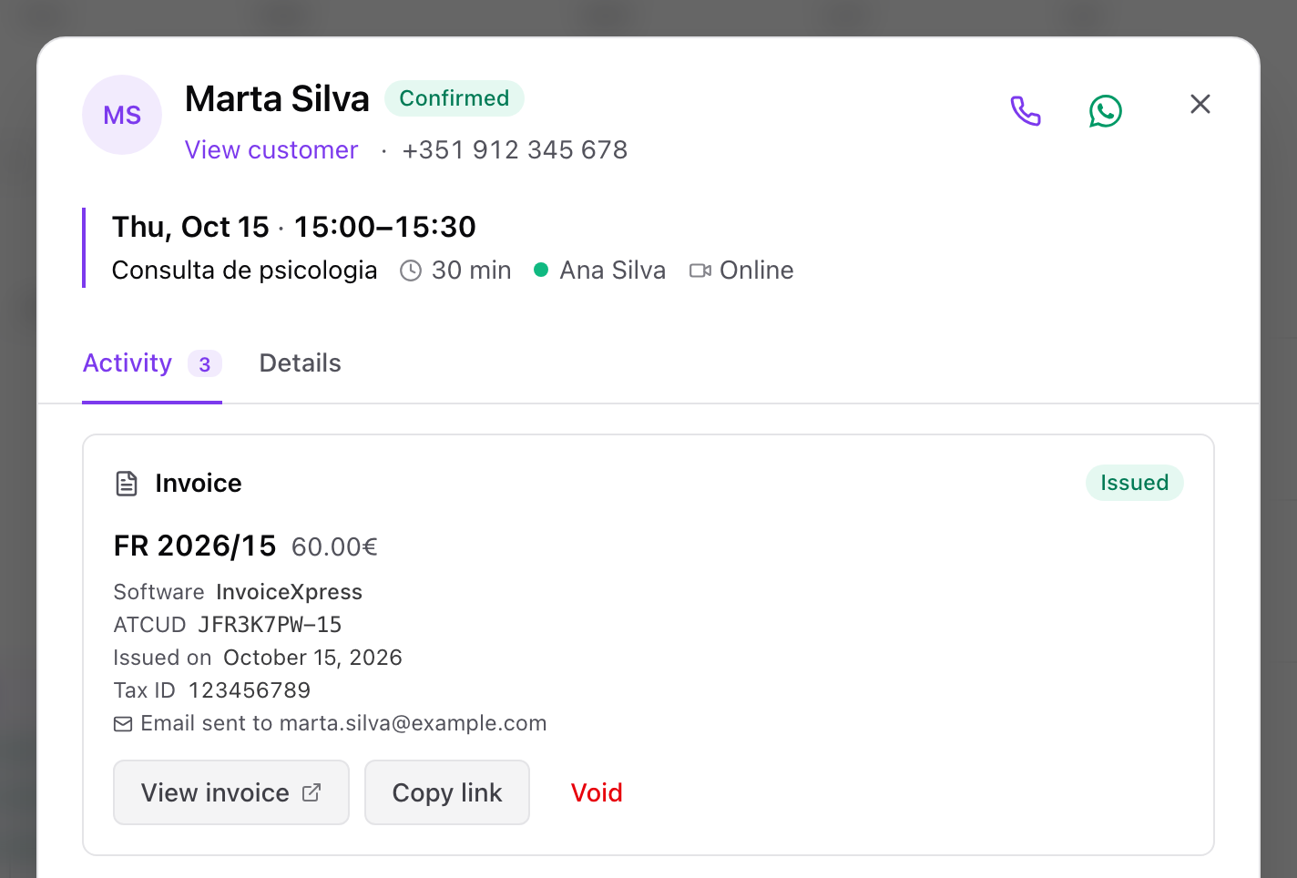 Booking with the issued invoice-receipt, showing number, ATCUD and a button to view the invoice