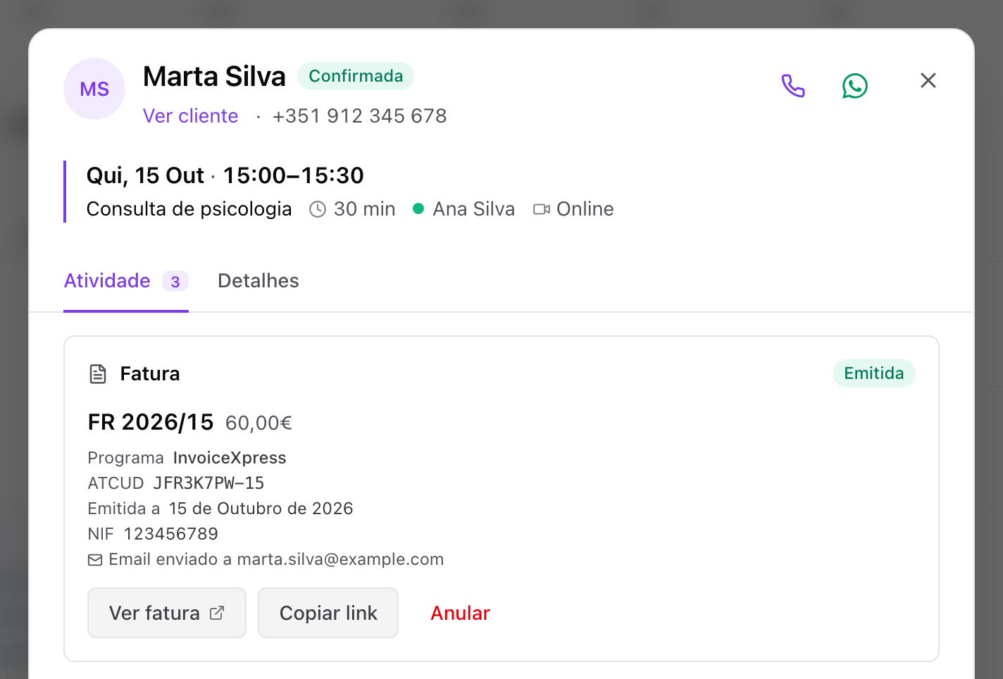 Marcação com a fatura-recibo emitida, com número, ATCUD e botão para ver a fatura