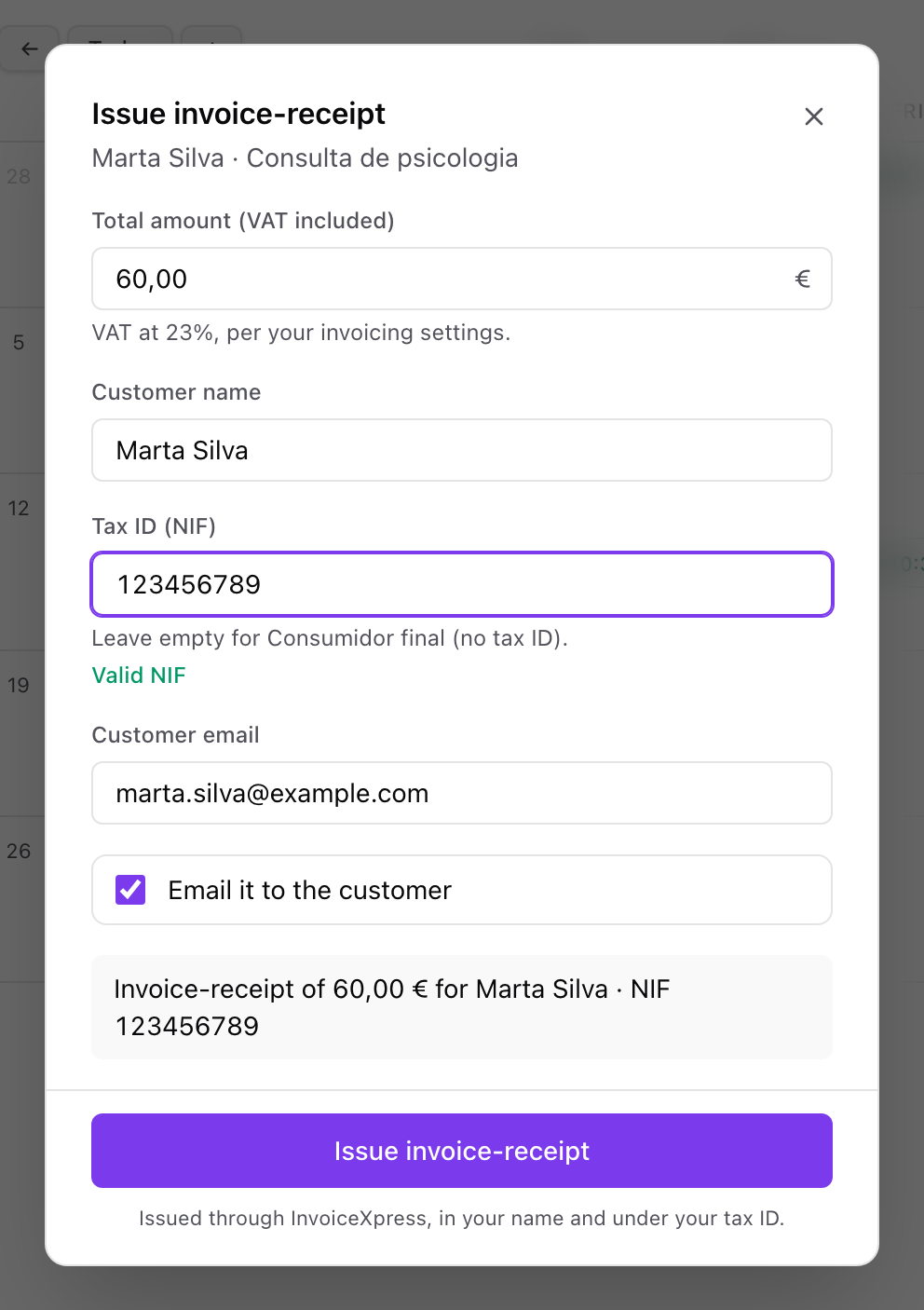 Issue invoice-receipt form with amount and NIF pre-filled from the booking