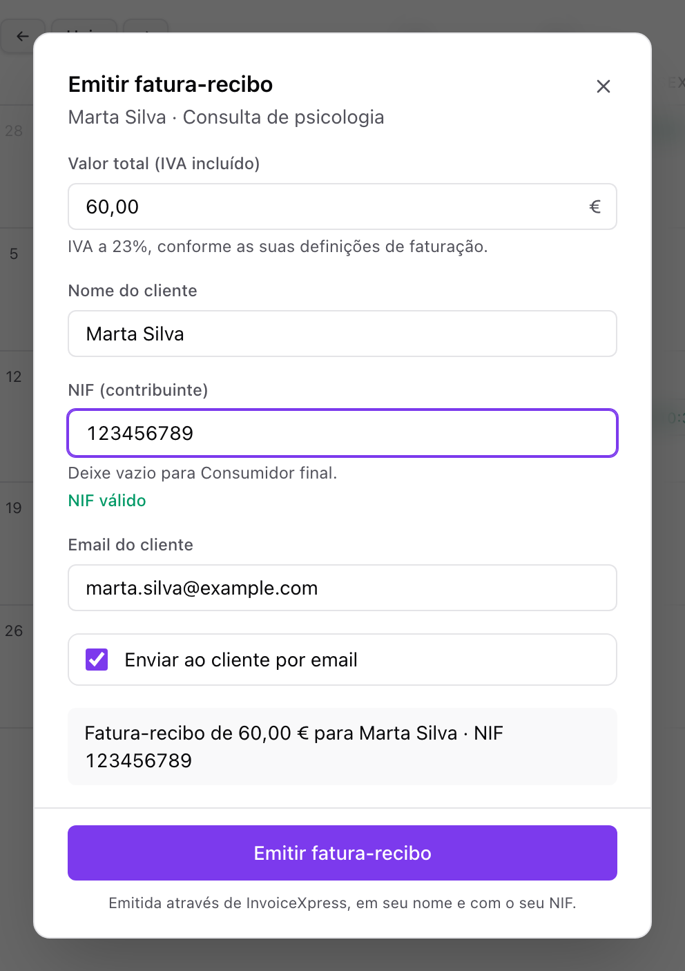 Formulário Emitir fatura-recibo com valor e NIF preenchidos a partir da marcação