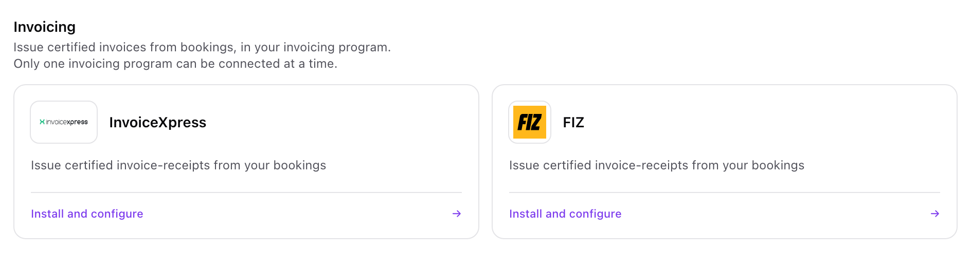 agend.pt Integrations page with InvoiceXpress and FIZ available to connect