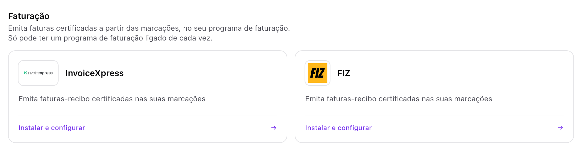 Página de Integrações do agend.pt com o InvoiceXpress e o FIZ disponíveis para ligar