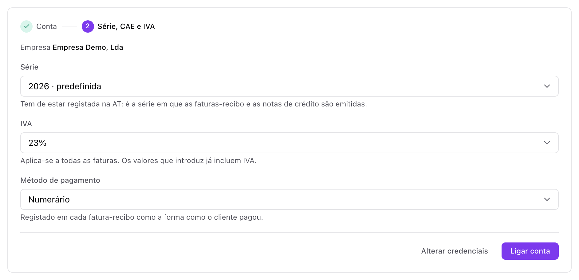Formulário para ligar o FIZ com a chave API e as definições da conta