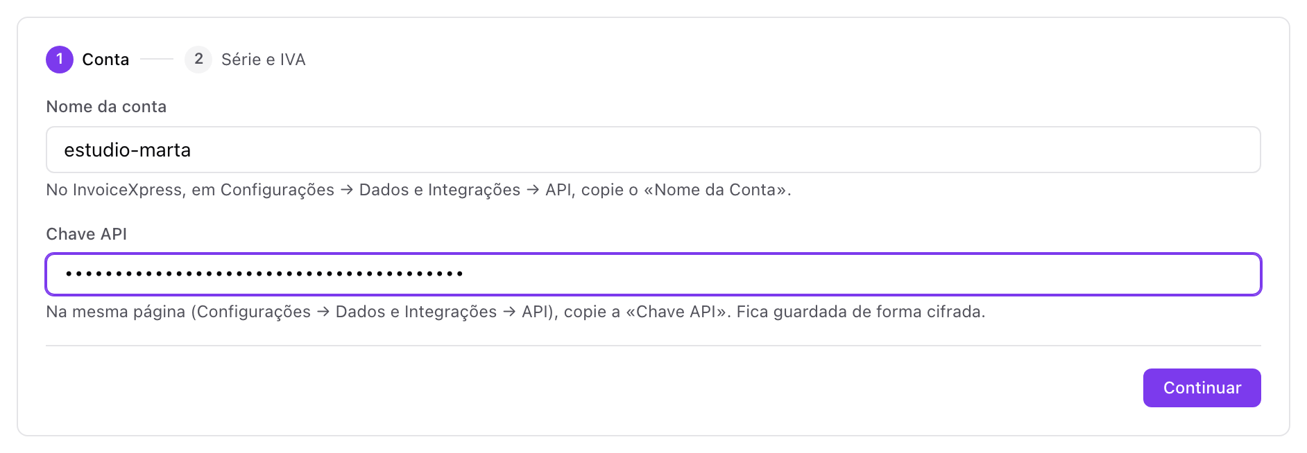 Formulário para ligar o InvoiceXpress com o nome da conta e a chave API