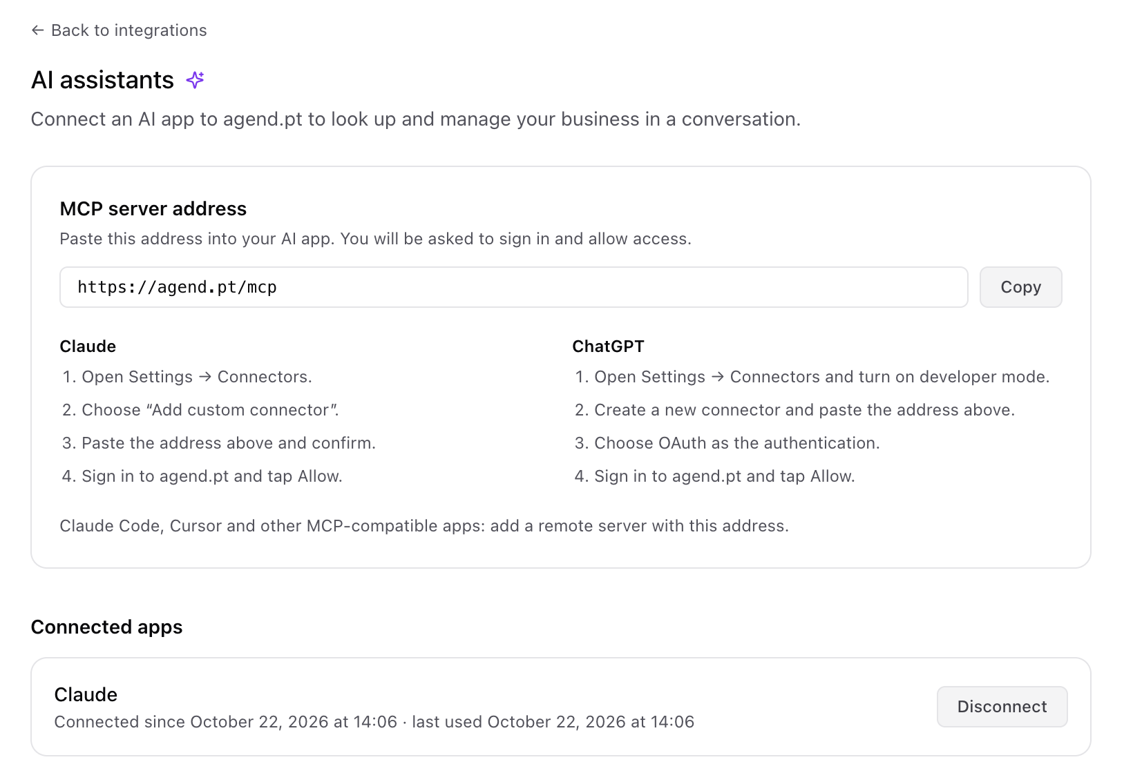 The agend.pt AI assistants page with the MCP server address, the steps for Claude and ChatGPT and the list of connected apps