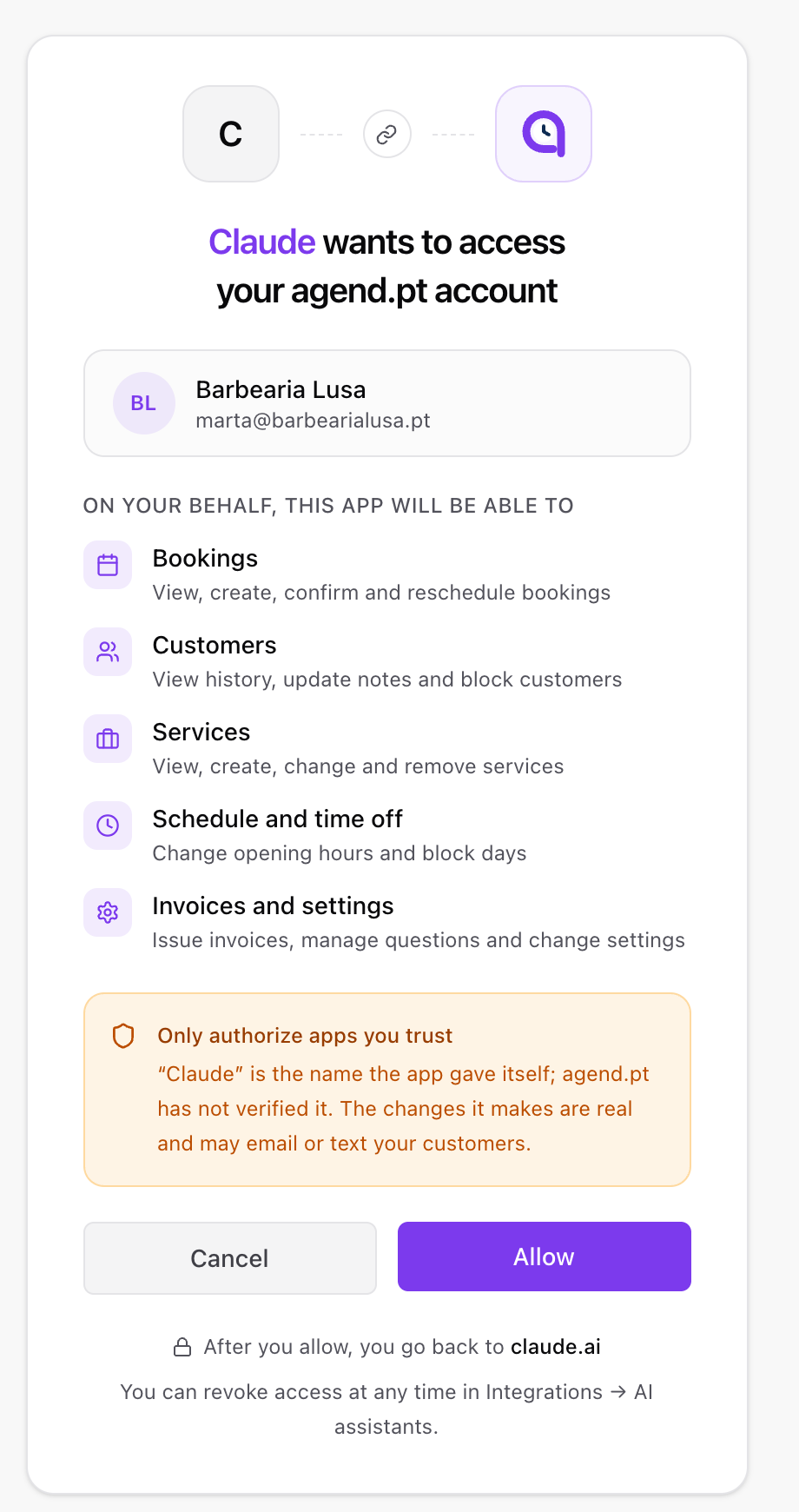 The agend.pt authorisation screen: Claude wants to access the account, a list of permissions and Cancel and Allow buttons
