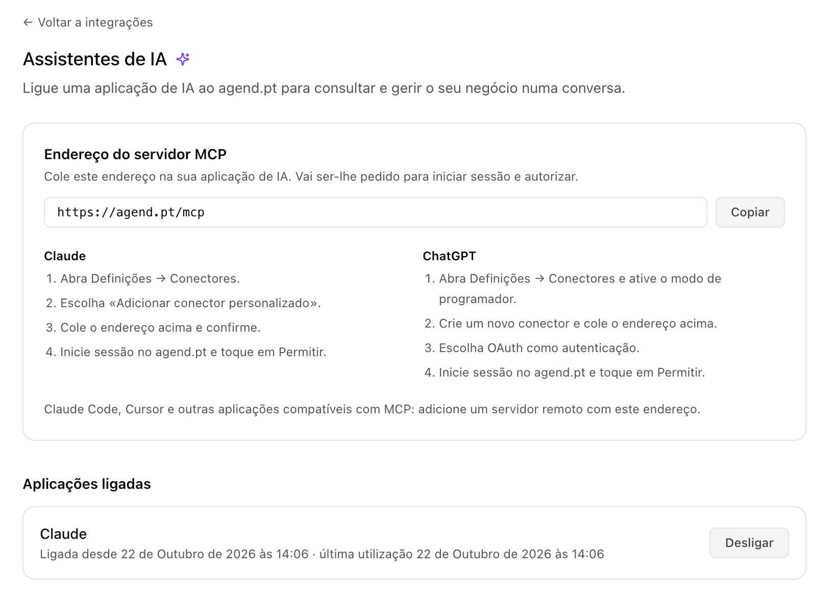 Página Assistentes de IA do agend.pt com o endereço do servidor MCP, os passos para o Claude e o ChatGPT e a lista de aplicações ligadas