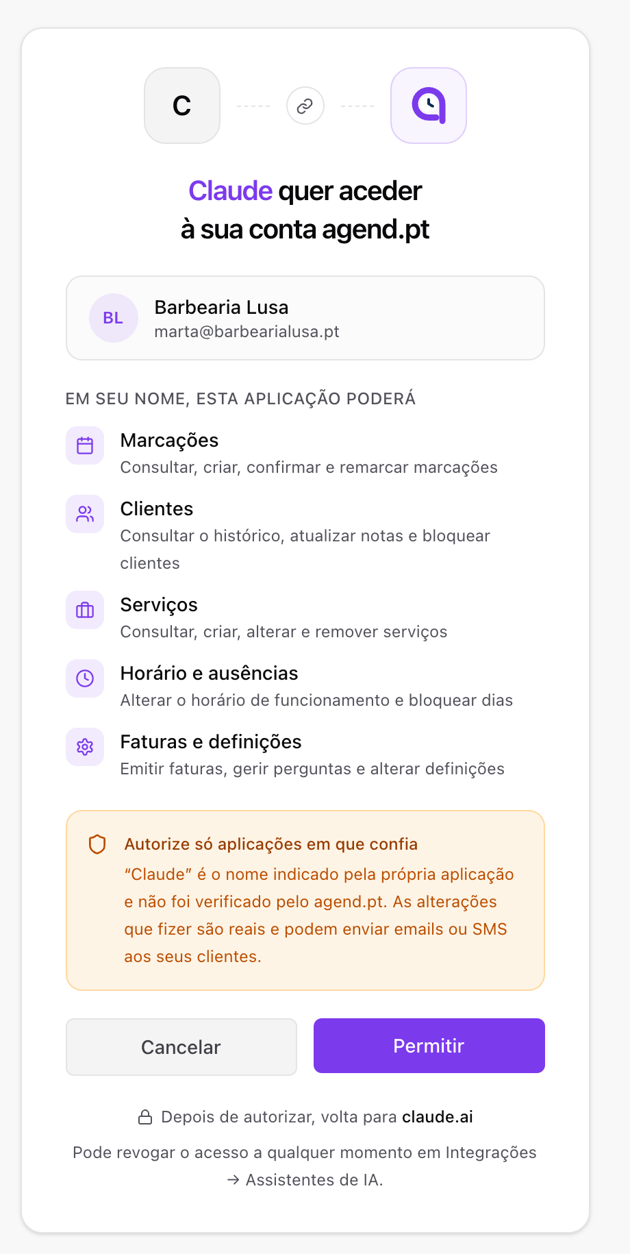 Ecrã de autorização do agend.pt: o Claude quer aceder à conta, lista de permissões e botões Cancelar e Permitir
