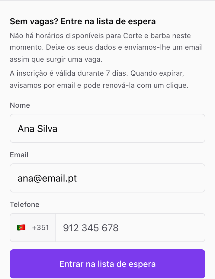 Waiting list form on the booking page with name, email and phone fields